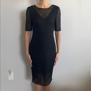 Black v neck dress w/ sheer striped overlay